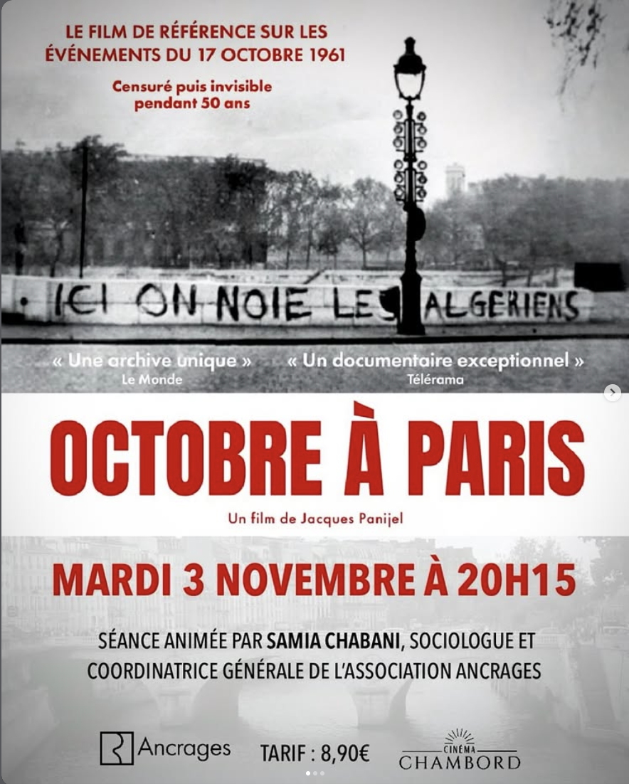 Projection débat du film Octobre à Paris. Le mardi 3 novembre à 20h.